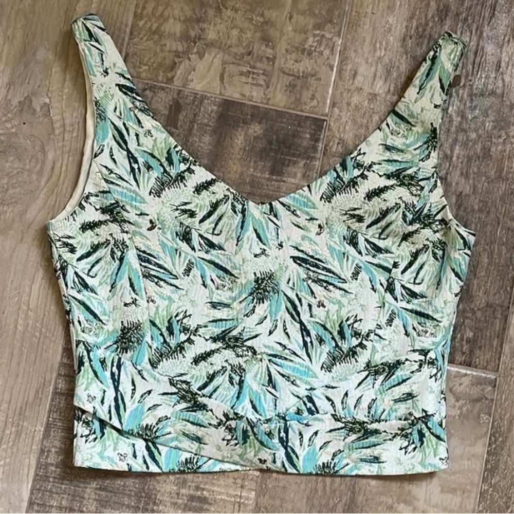 ZARA Green Sleeveless Faux Wrap Cropped Blouse size Small Metallic Zip Back Top - Picture 5 of 8
